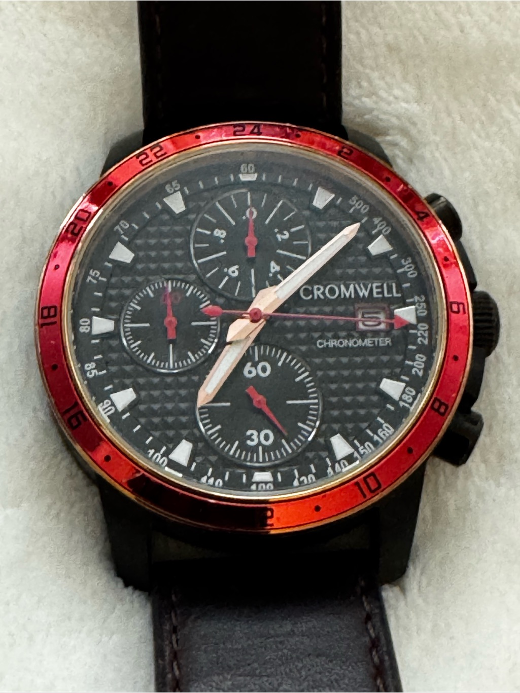 Cromwell Mens Monaco Black Dial Chronometer Watch With Red Bezel